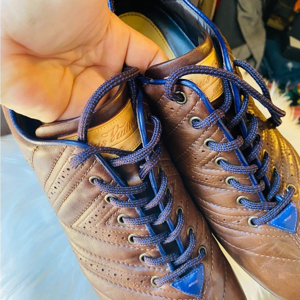 LV Brown Leather Men's Shoes with Blue Accents
